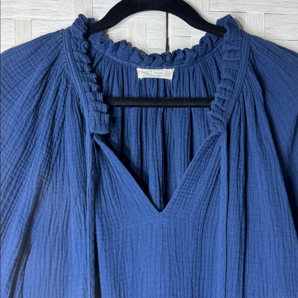 Just Living Navy Peasant Romantic Mock Ruffle Collar Long Sleeve Size Medium - Picture 3 of 9